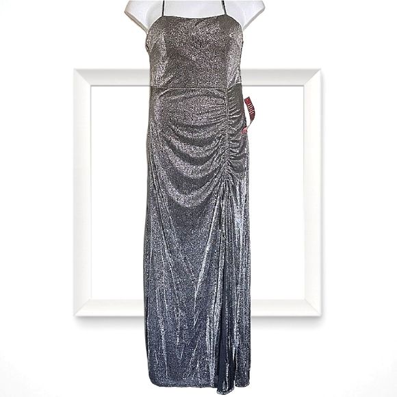 SILVER LUREX RUCHED FLOOR LENGTH SLEEVELESS PROM, FORMAL GOWN, SIZE 15 - Picture 1 of 8